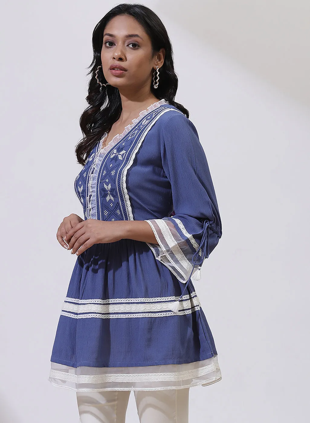 Blue Tunic With Embroidery & Lace