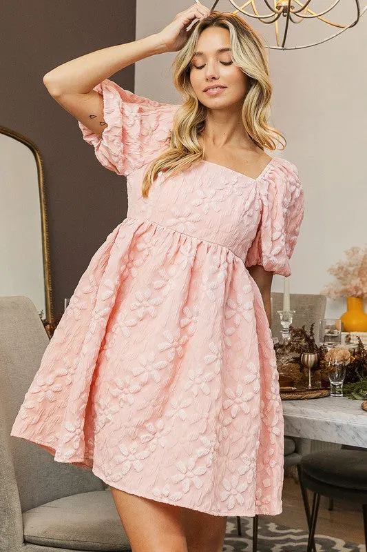 Blush Floral Jacquard Puff Sleeve Dress