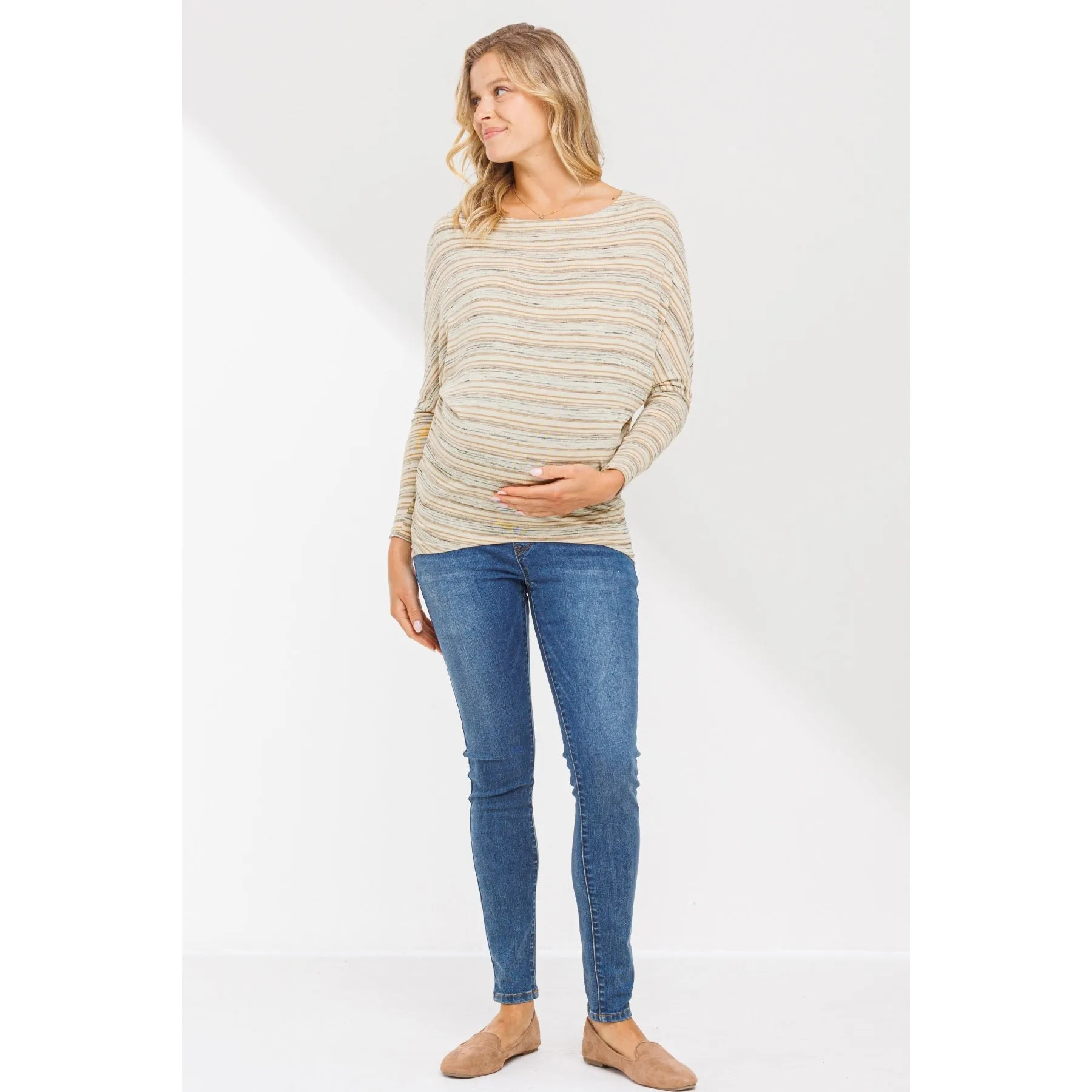 Boat Neck Dropped Shoulder Long Sleeve Maternity Top - Mocha