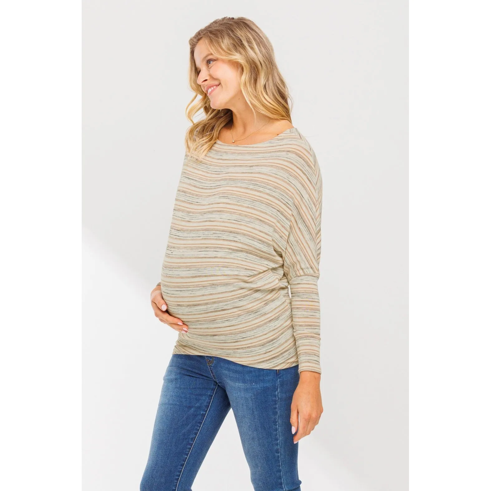 Boat Neck Dropped Shoulder Long Sleeve Maternity Top - Mocha