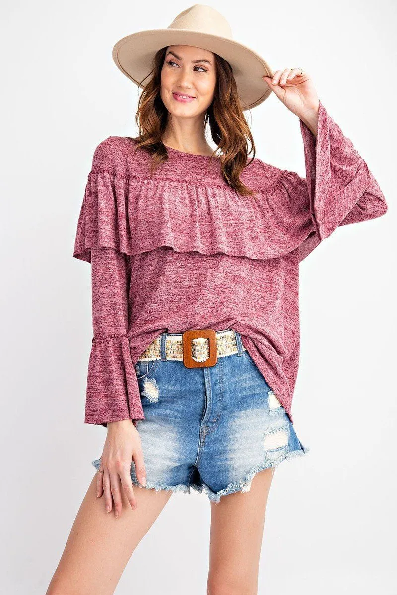 Bold Ruffles Featuring Overlay Accents Girly And Chic Bell Sleeve  2tone Hacci Tunic