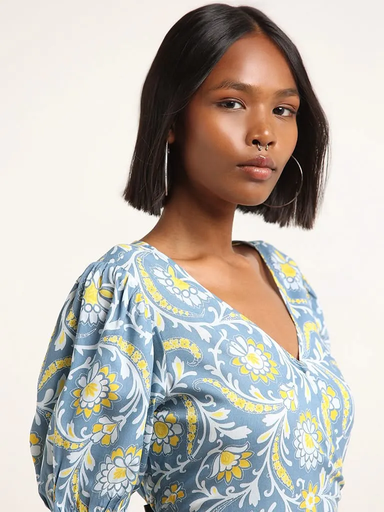 Bombay Paisley Blue Floral Printed Wrap Dress