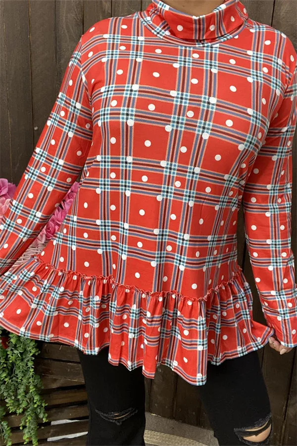 BQ6410 Red plaid mock neck w/ruffle bottom  long sleeve women tunic w/ polka dots print (AS15)