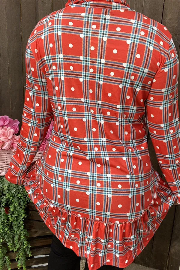 BQ6410 Red plaid mock neck w/ruffle bottom  long sleeve women tunic w/ polka dots print (AS15)