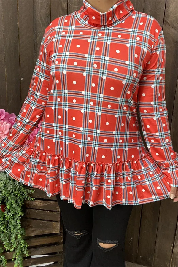 BQ6410 Red plaid mock neck w/ruffle bottom  long sleeve women tunic w/ polka dots print (AS15)