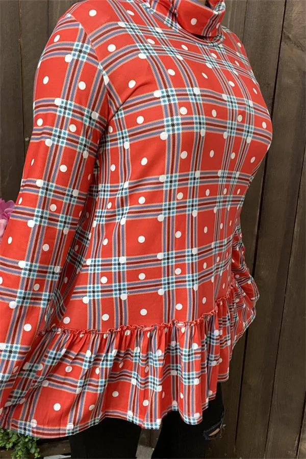 BQ6410 Red plaid mock neck w/ruffle bottom  long sleeve women tunic w/ polka dots print (AS15)