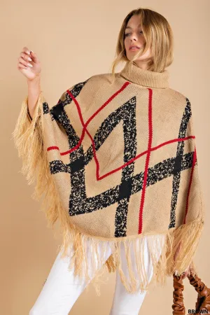 Brown Plaid Fringe Turtle Neck Poncho