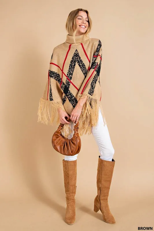 Brown Plaid Fringe Turtle Neck Poncho