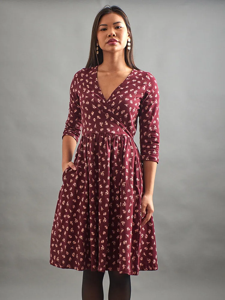 Callie Long Sleeve Wrap Dress - Burgundy Bouquet