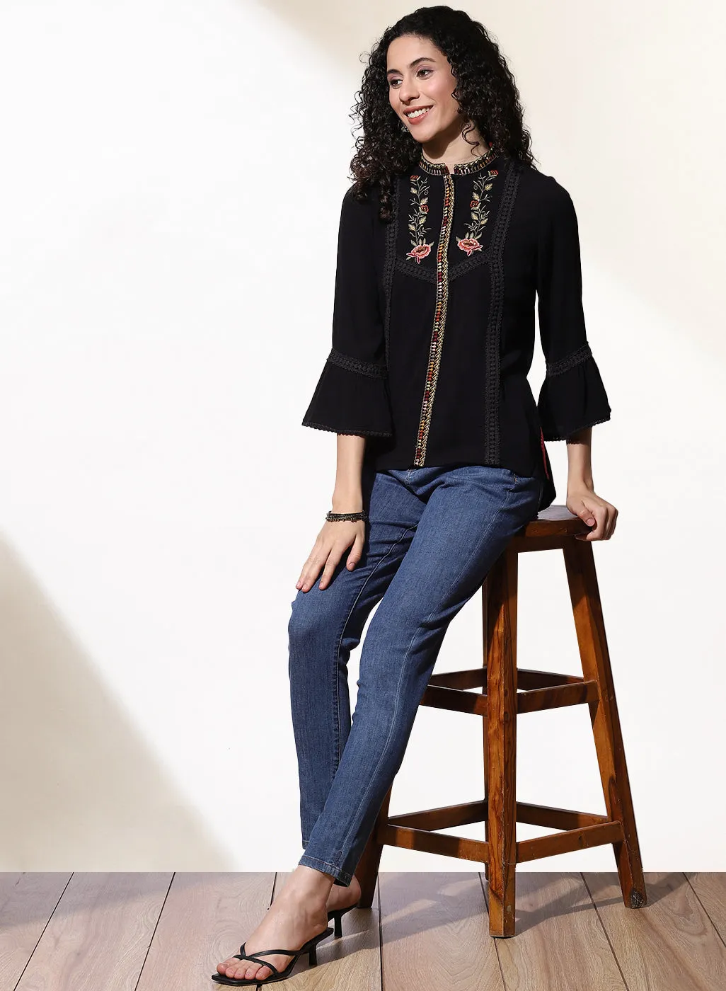 Charcoal Black Floral Embroidered Nargis Tunic