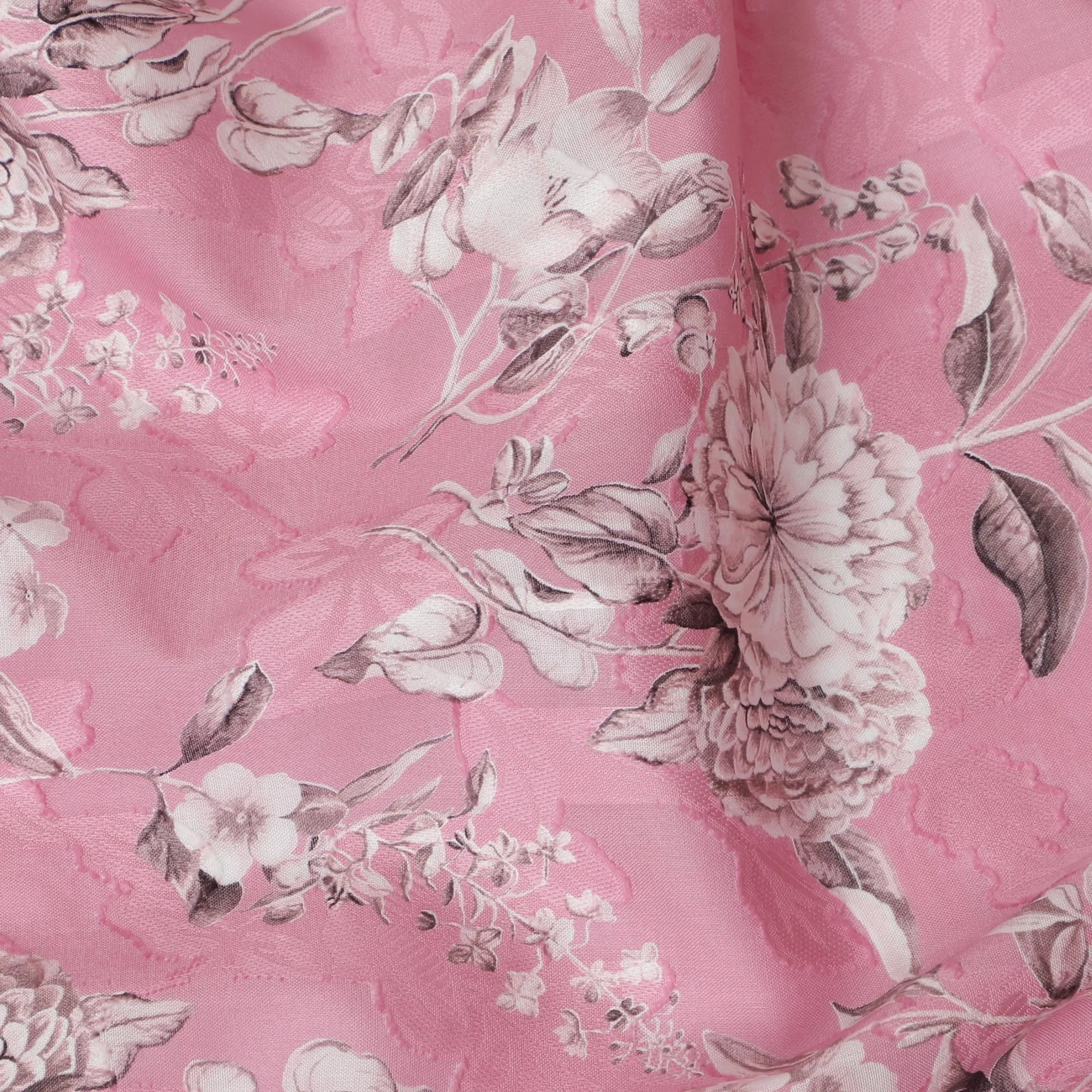 Charming Rose Pink Uragiri Cotton Voile Fabric with Monochrome Floral Print, 110 cm Wide - Airy Elegance from India-D18982