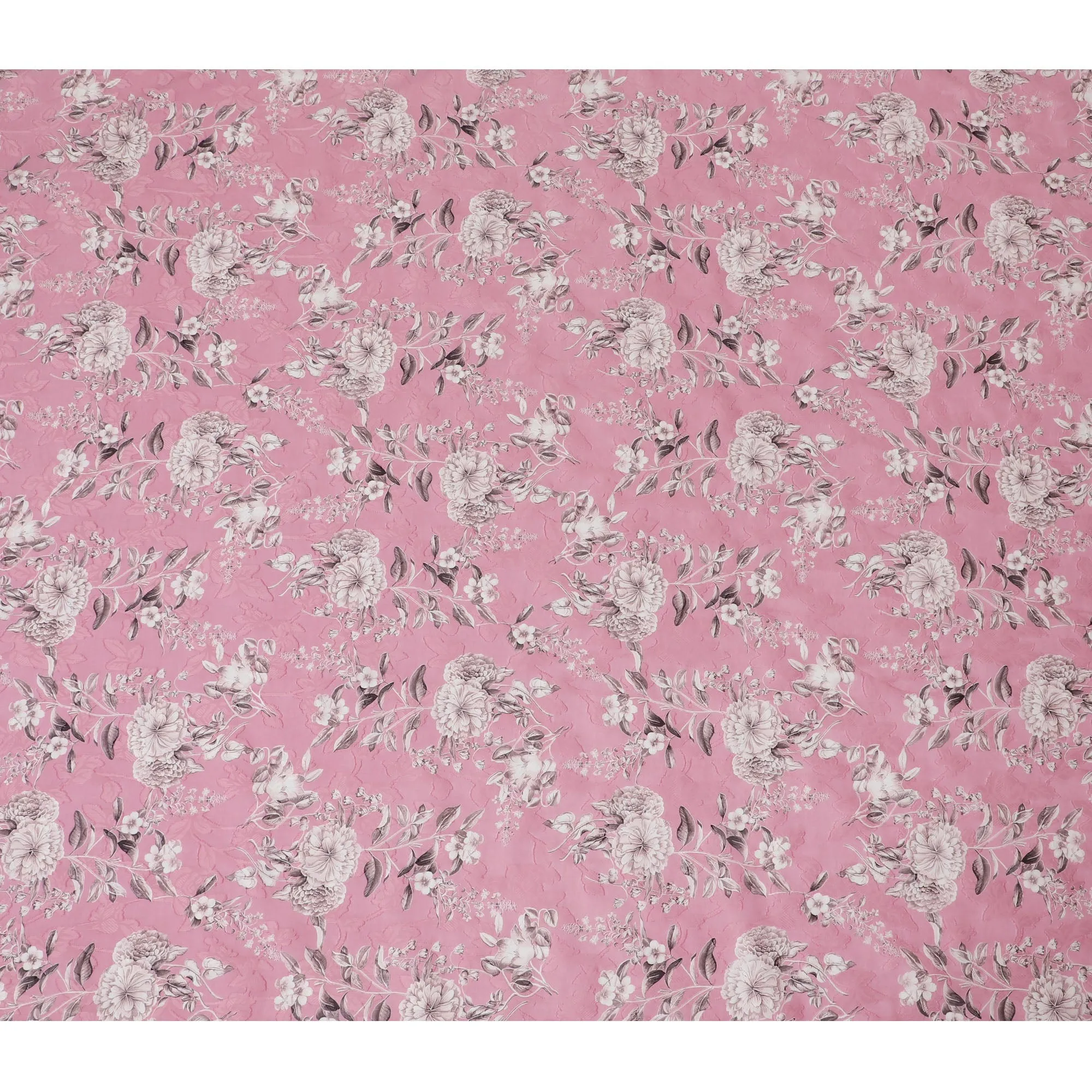 Charming Rose Pink Uragiri Cotton Voile Fabric with Monochrome Floral Print, 110 cm Wide - Airy Elegance from India-D18982