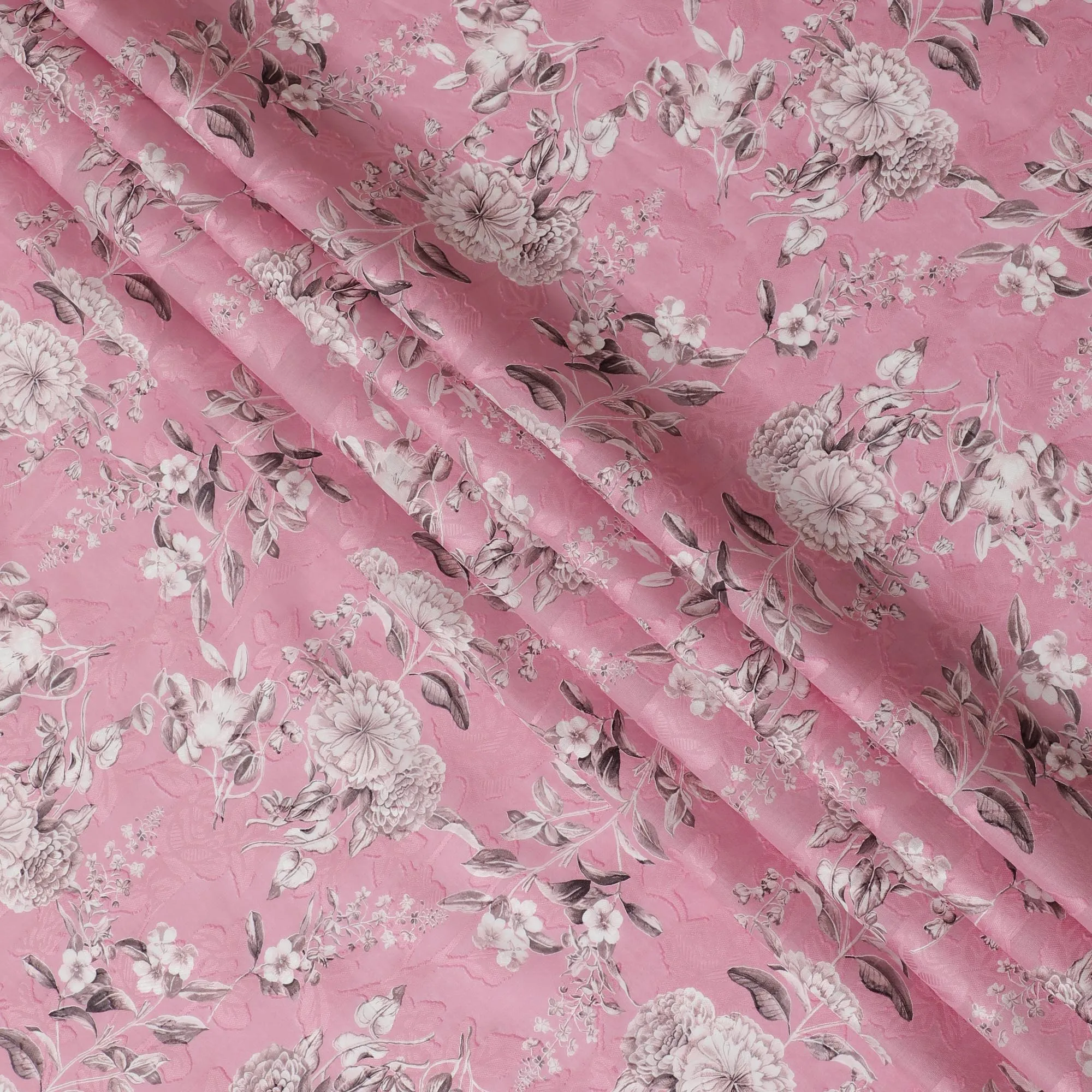 Charming Rose Pink Uragiri Cotton Voile Fabric with Monochrome Floral Print, 110 cm Wide - Airy Elegance from India-D18982