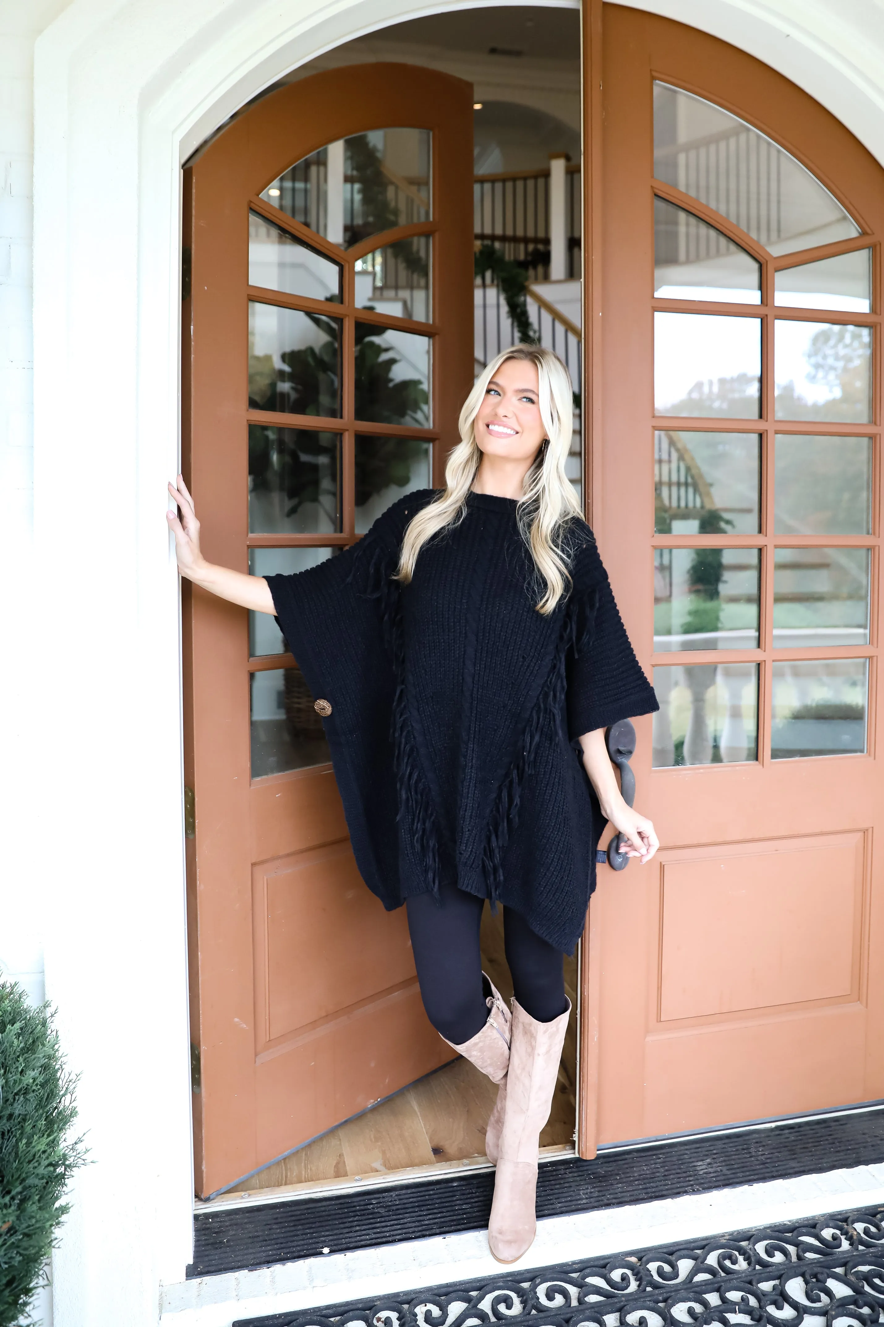 Chic Warmth Black Knit Poncho - DOORBUSTER