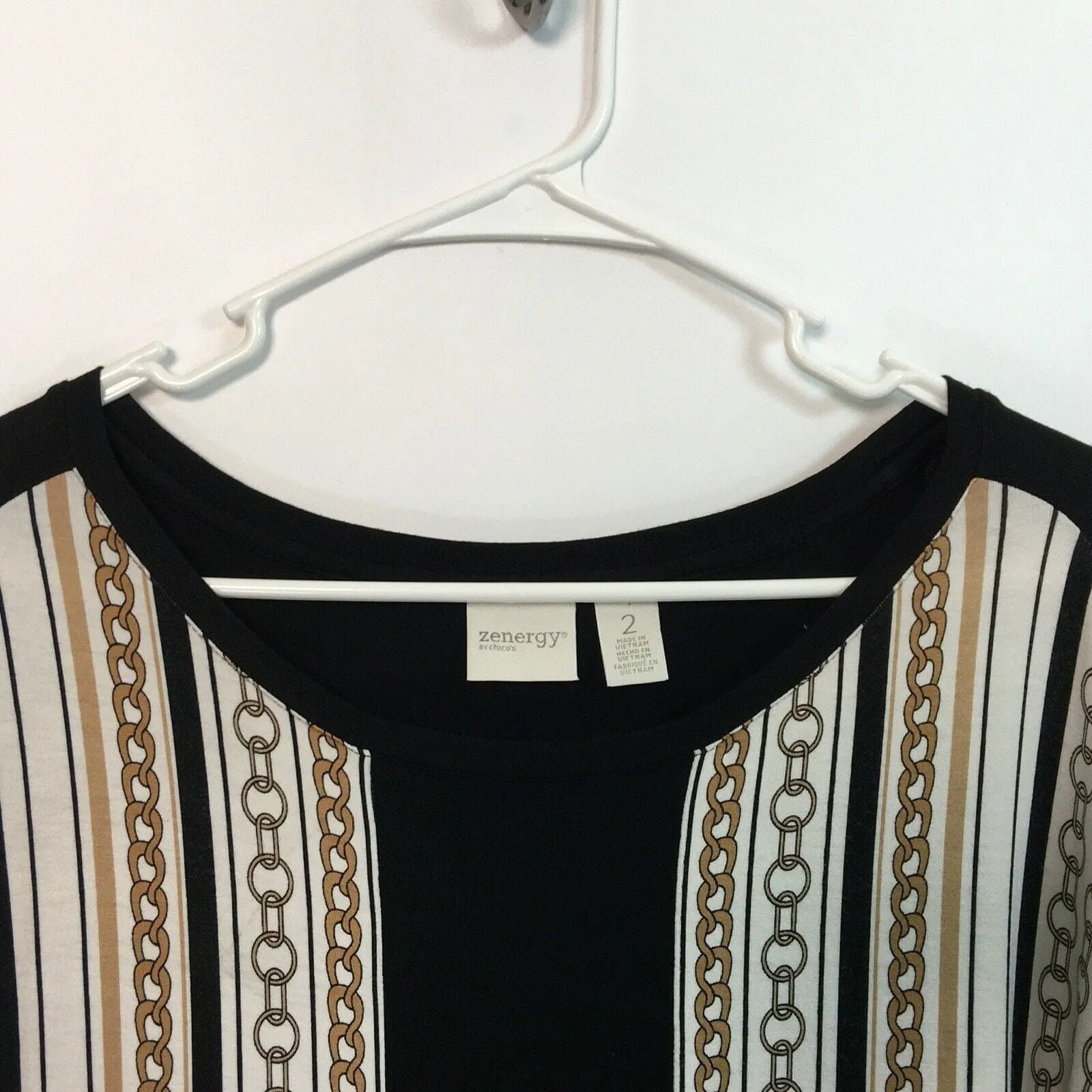 Chicos Zenergy | Size: 2 | Womens 3/4 Sleeve Nautical Gold Chain Tunic Top | Black/White/Gold | EUC