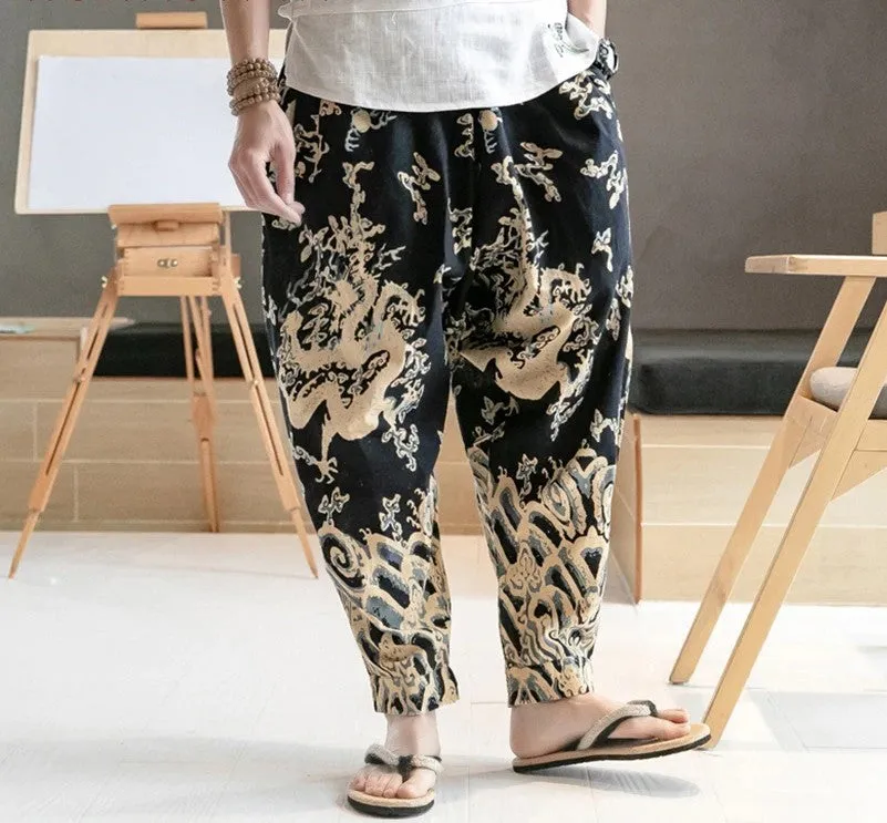 Chinese Dragon Print Wide Leg Japanese Streetwear Style Men Joggers Pants