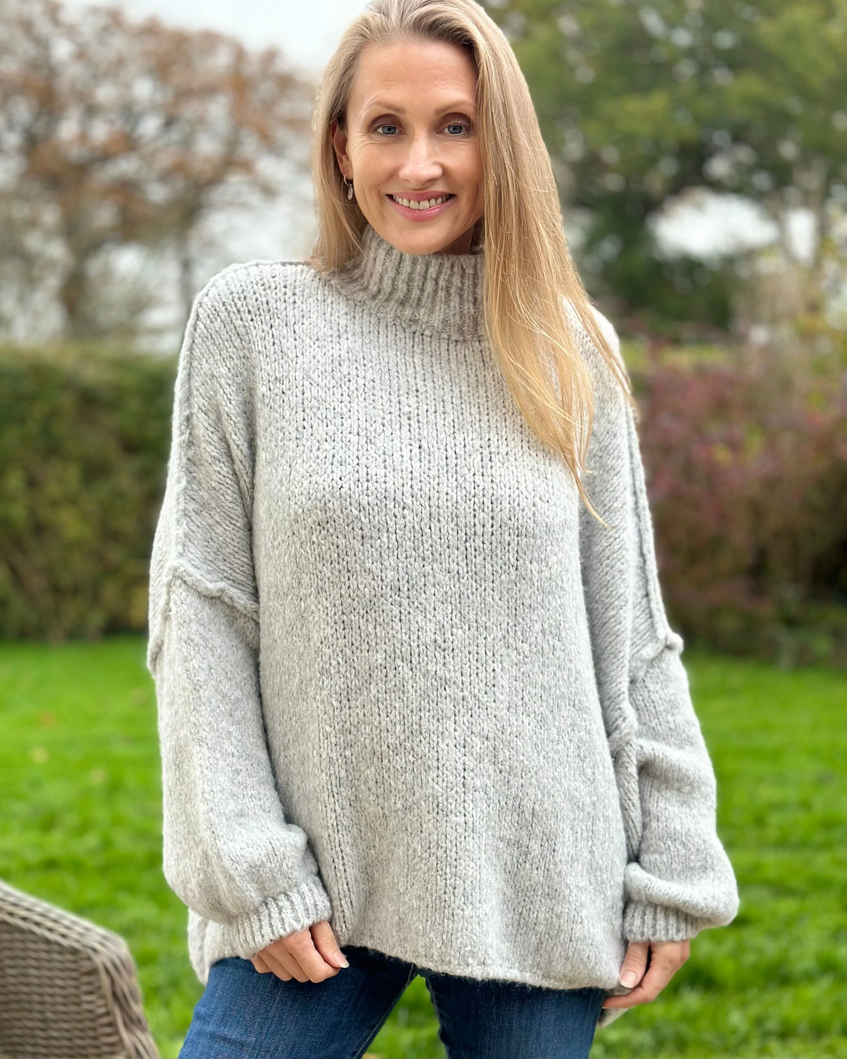 Chunky Knit Balloon Sleeve Jumper - Silver Grey