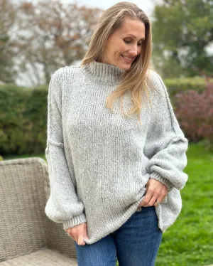 Chunky Knit Balloon Sleeve Jumper - Silver Grey