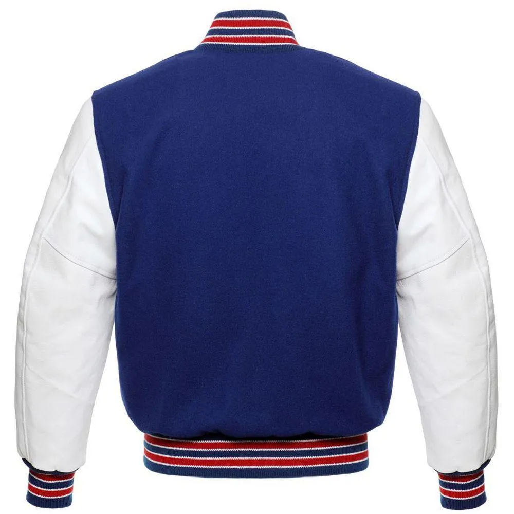 Classic Blue and White Varsity Jacket with Customizable Logos