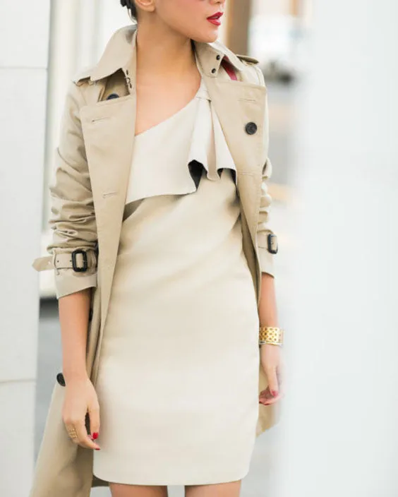 Classic Double Breasted Turtle Neck Women's Beige Trench Coat