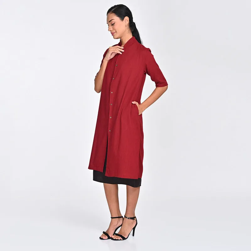 Cotton Co Ord Set For Women | Shirt & Dress | Draped Neck | Maroon & Brown