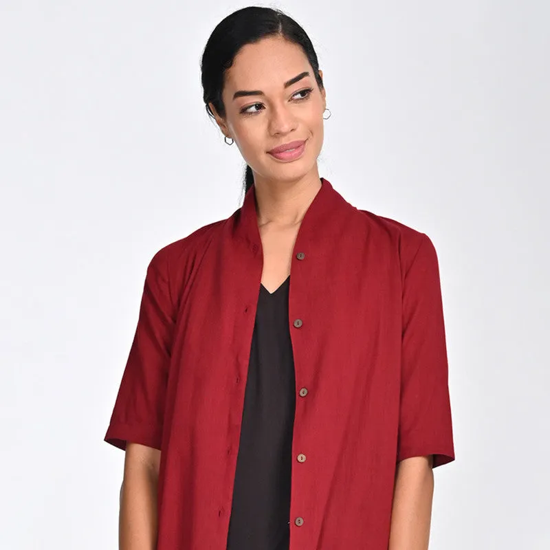 Cotton Co Ord Set For Women | Shirt & Dress | Draped Neck | Maroon & Brown