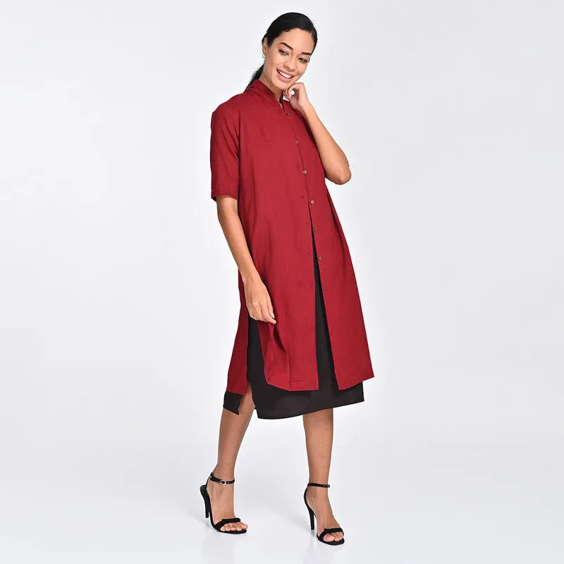 Cotton Co Ord Set For Women | Shirt & Dress | Draped Neck | Maroon & Brown