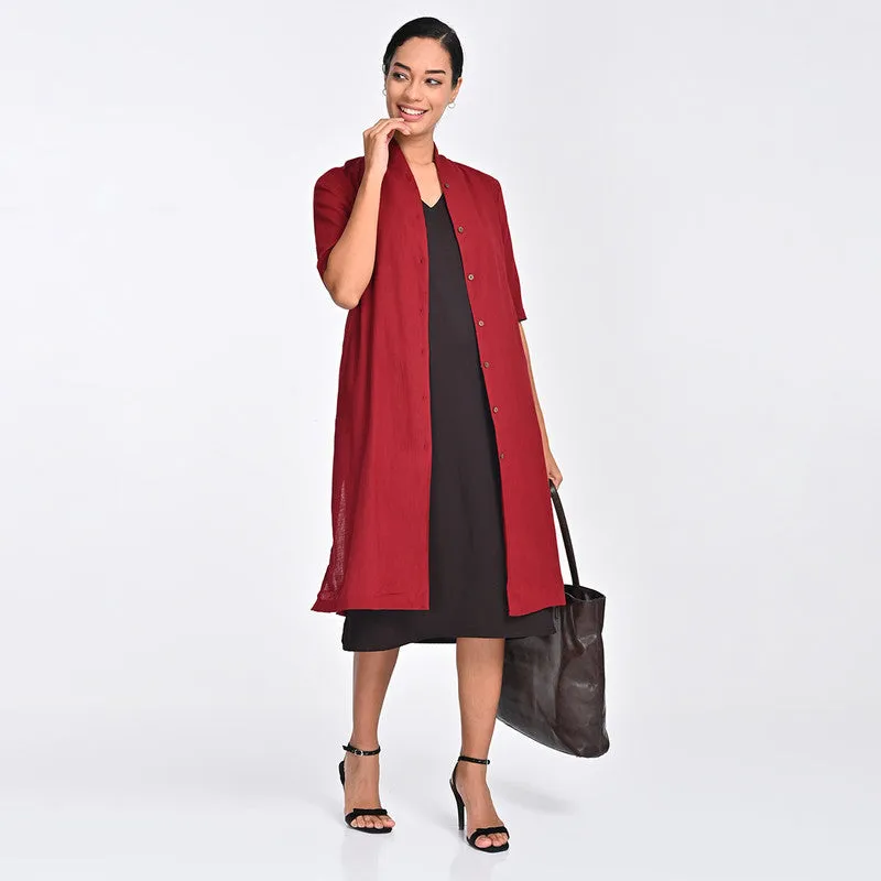 Cotton Co Ord Set For Women | Shirt & Dress | Draped Neck | Maroon & Brown