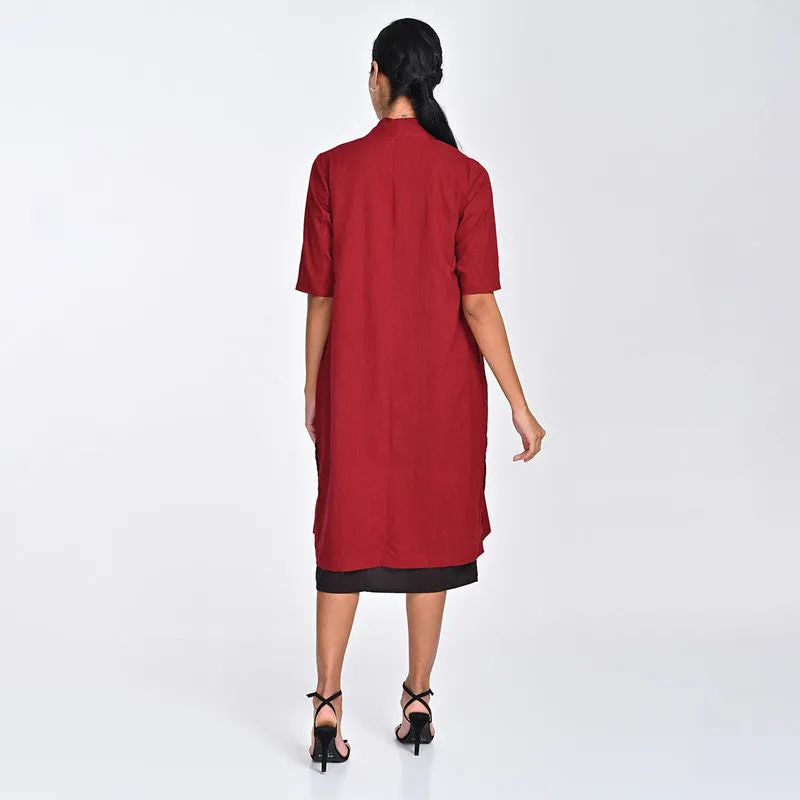 Cotton Co Ord Set For Women | Shirt & Dress | Draped Neck | Maroon & Brown