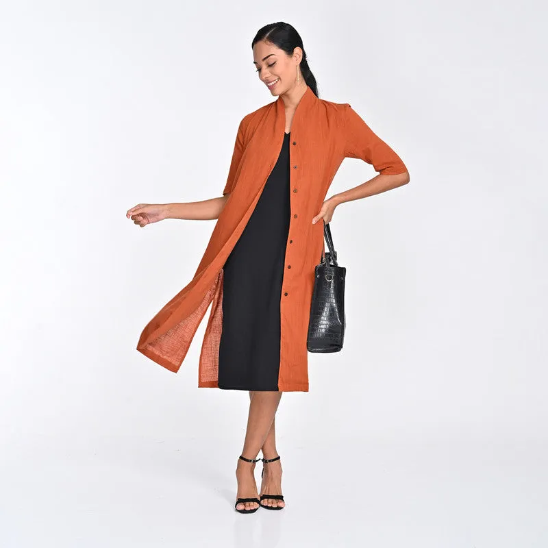 Cotton Co Ord Set For Women | Shirt & Dress | Draped Neck | Orange & Black