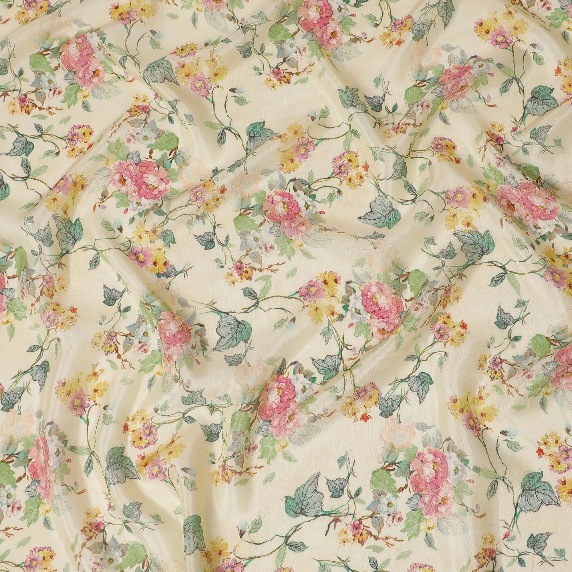 Cream viscose fabric with multicolor print having metallic finish in floral design-D16270