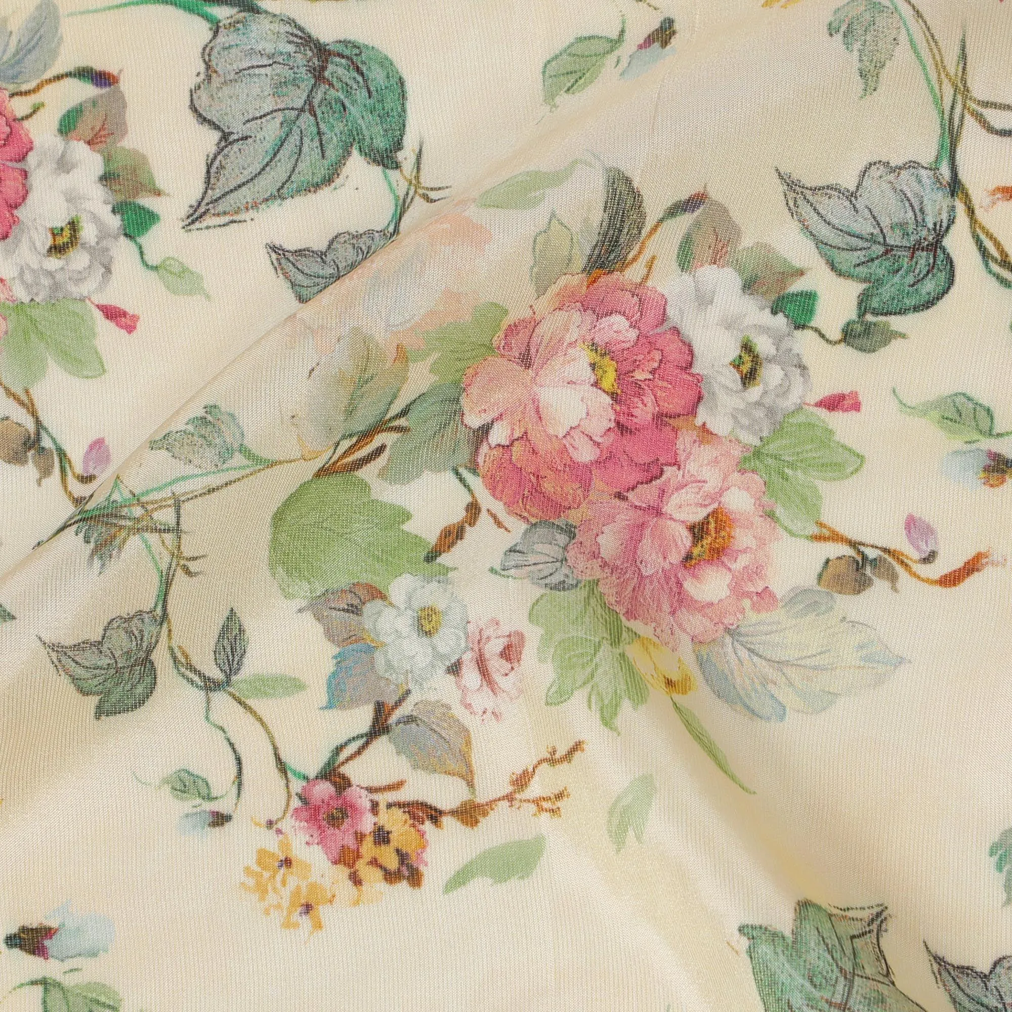 Cream viscose fabric with multicolor print having metallic finish in floral design-D16270