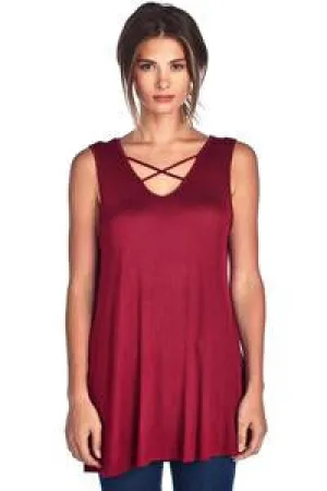 Criss-Crossed V Neck Sleeveless Tunic Top  Burgundy