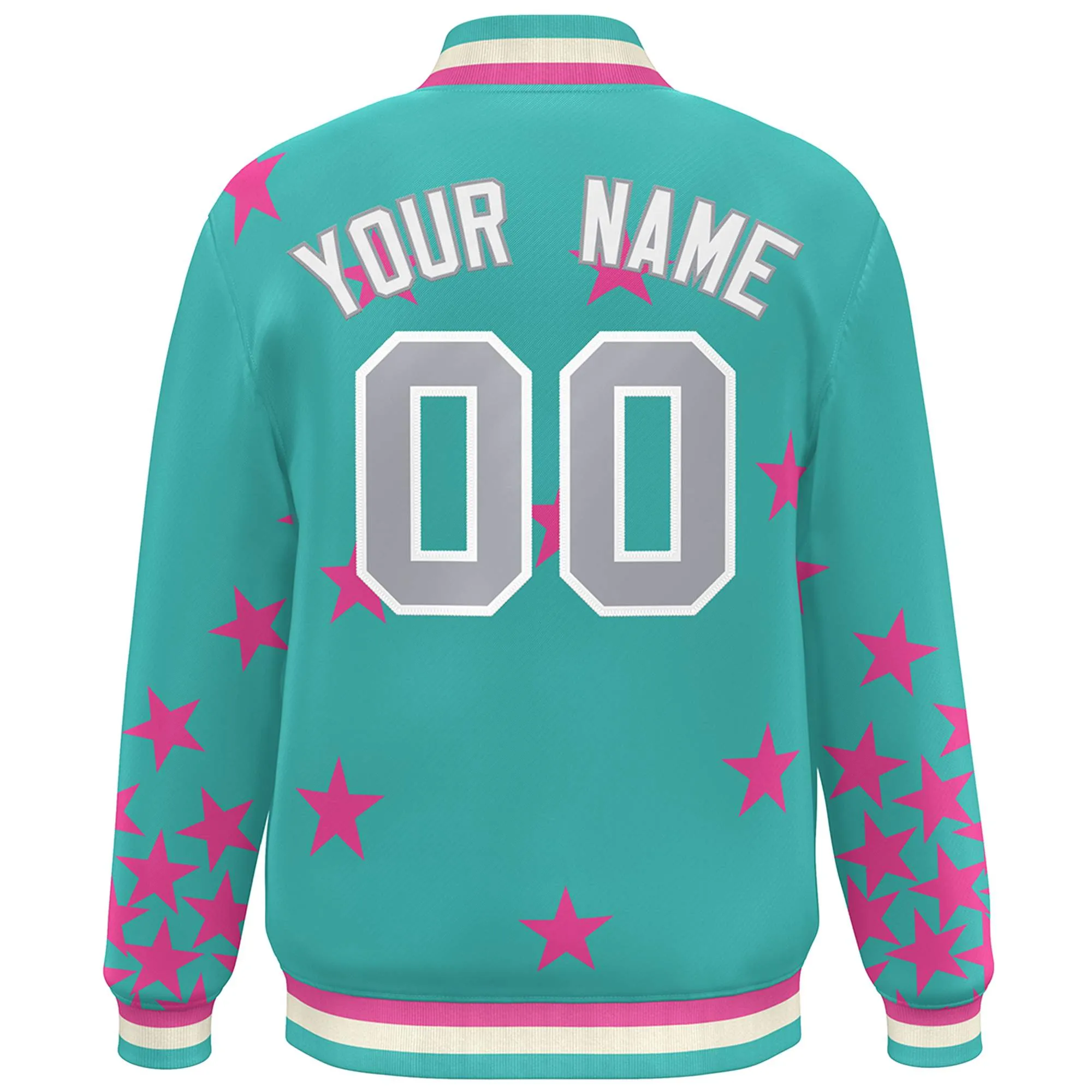 Custom Aqua Gray-White Star Graffiti Pattern Varsity Full-Snap Bomber Jacket