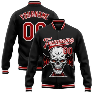 Custom Black Red-White Skull With Cross Logo 3D Bomber Full-Snap Varsity Letterman Jacket