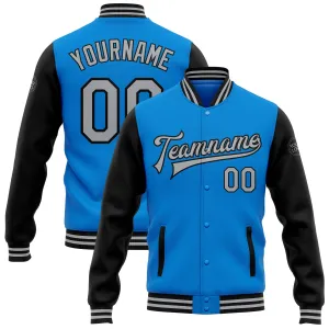 Custom Powder Blue Gray-Black Bomber Full-Snap Varsity Letterman Two Tone Jacket