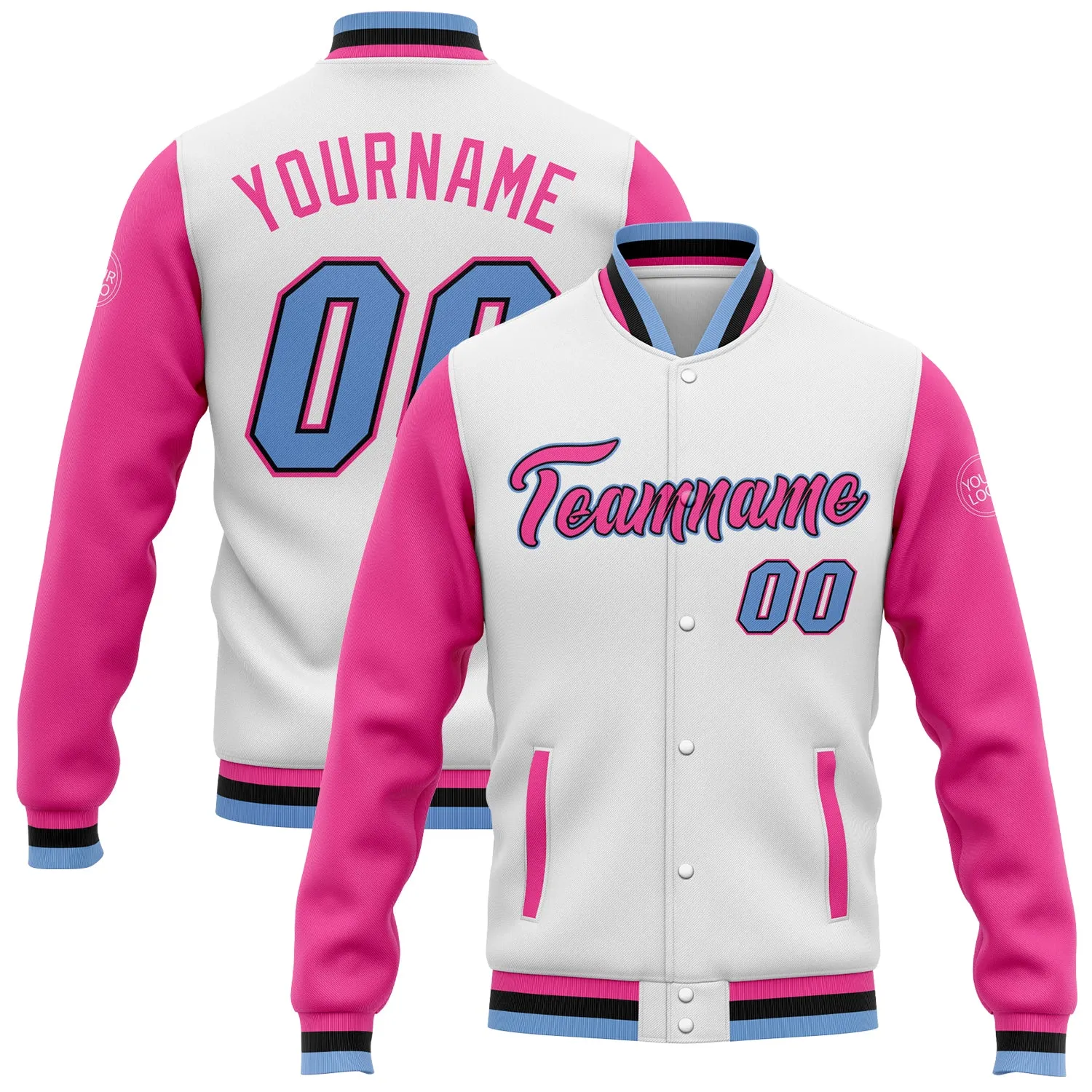 Custom White Light Blue Pink-Black Bomber Full-Snap Varsity Letterman Two Tone Jacket