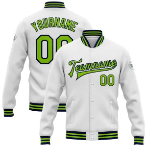 Custom White Neon Green-Navy Bomber Full-Snap Varsity Letterman Jacket