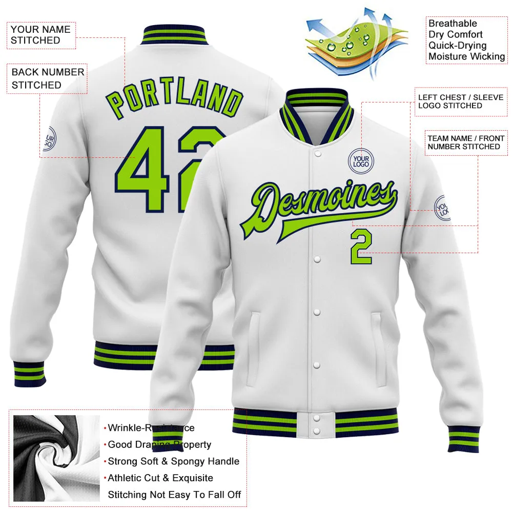 Custom White Neon Green-Navy Bomber Full-Snap Varsity Letterman Jacket