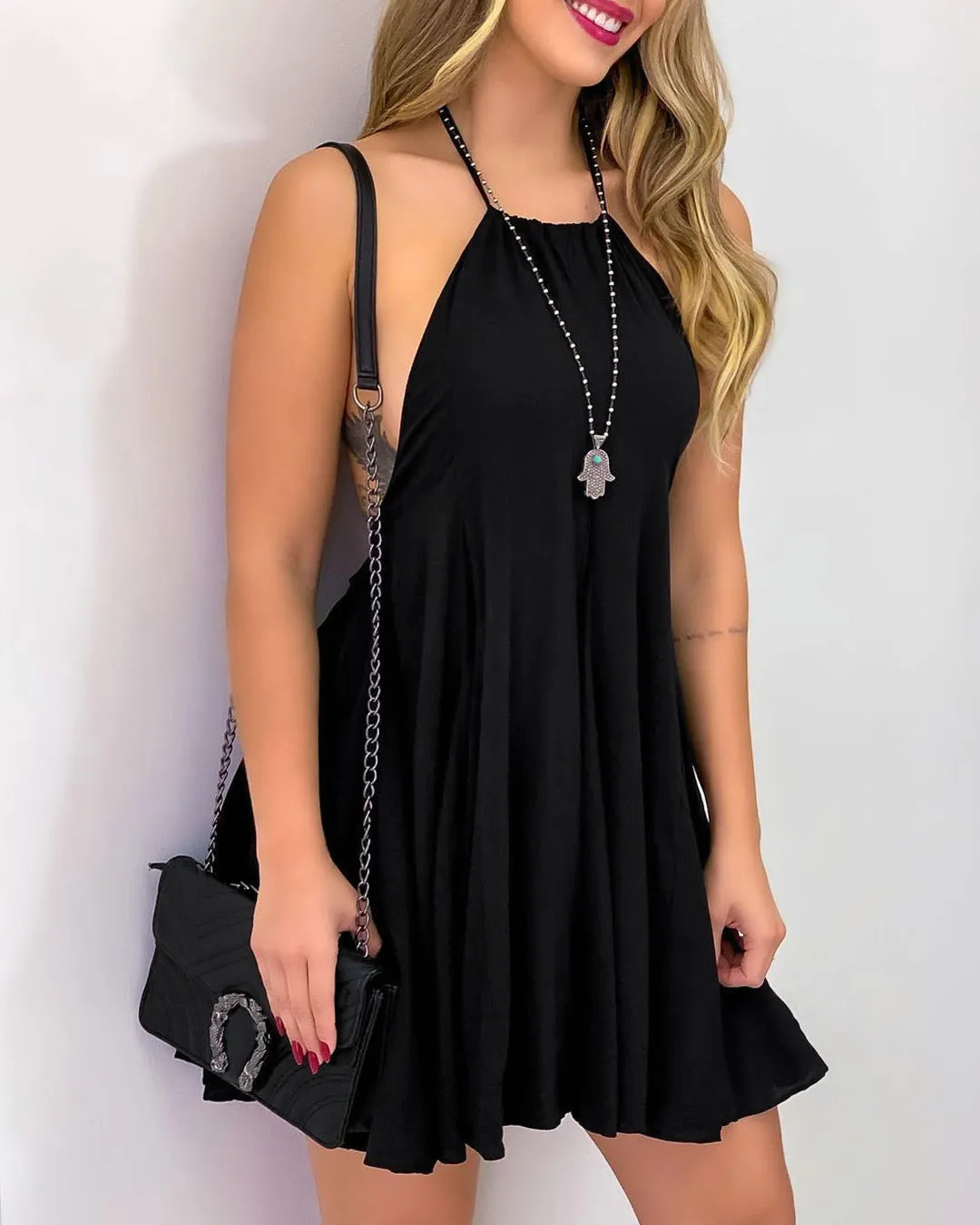 Darcy Distressed Halter Tunic- Black - Final Sale