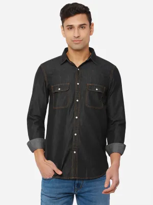 Demin Black Solid Slim Fit Semi Casual Shirt | JadeBlue