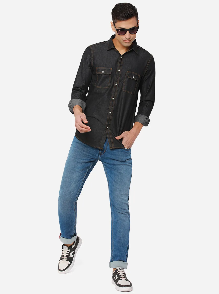 Demin Black Solid Slim Fit Semi Casual Shirt | JadeBlue