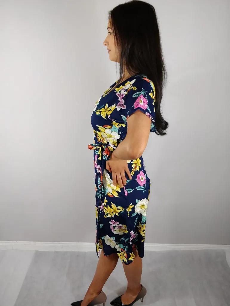 Dori Navy Floral Wrap Style Midi Dress