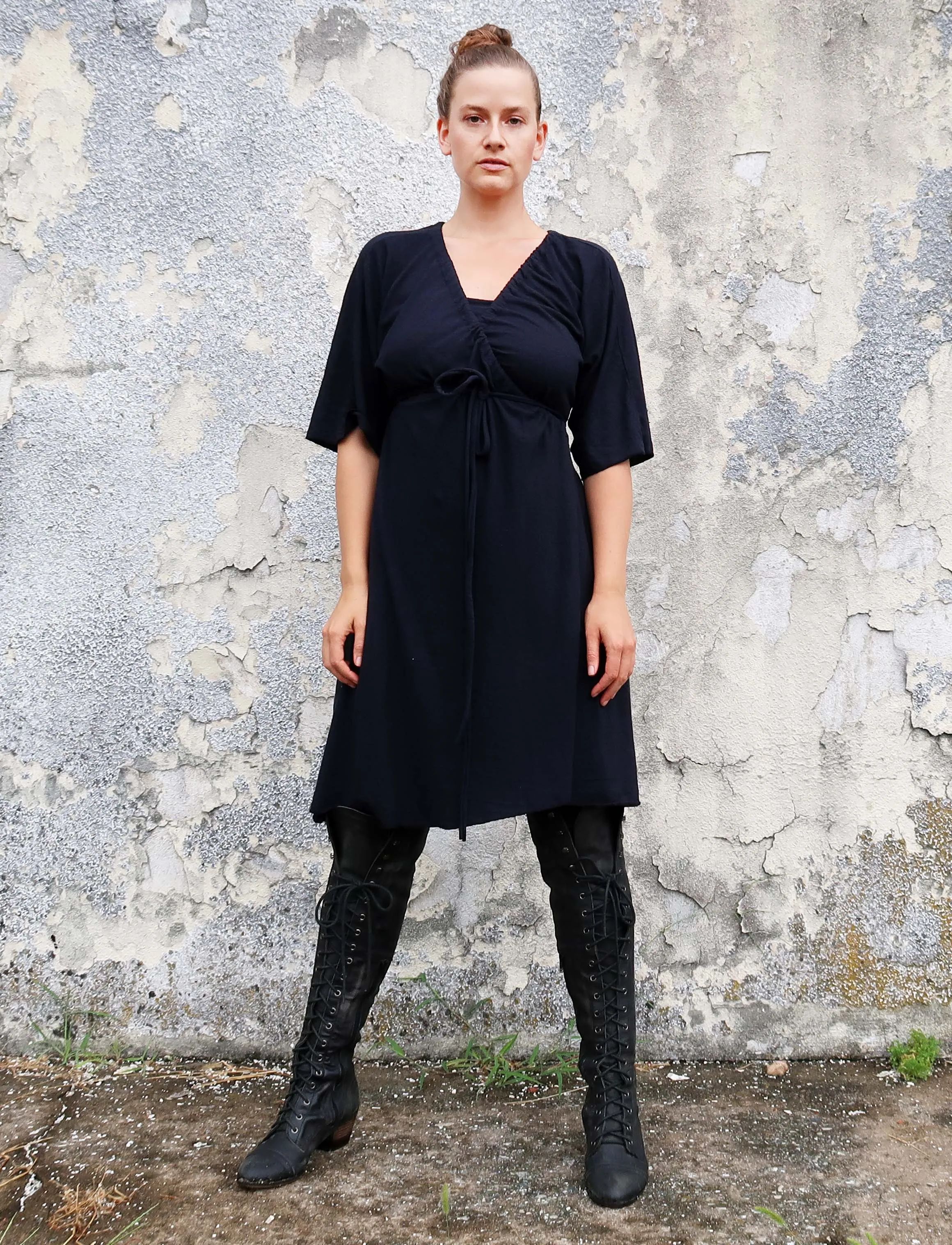 Drawstring Wrap Kimono Simplicity Below Knee Dress