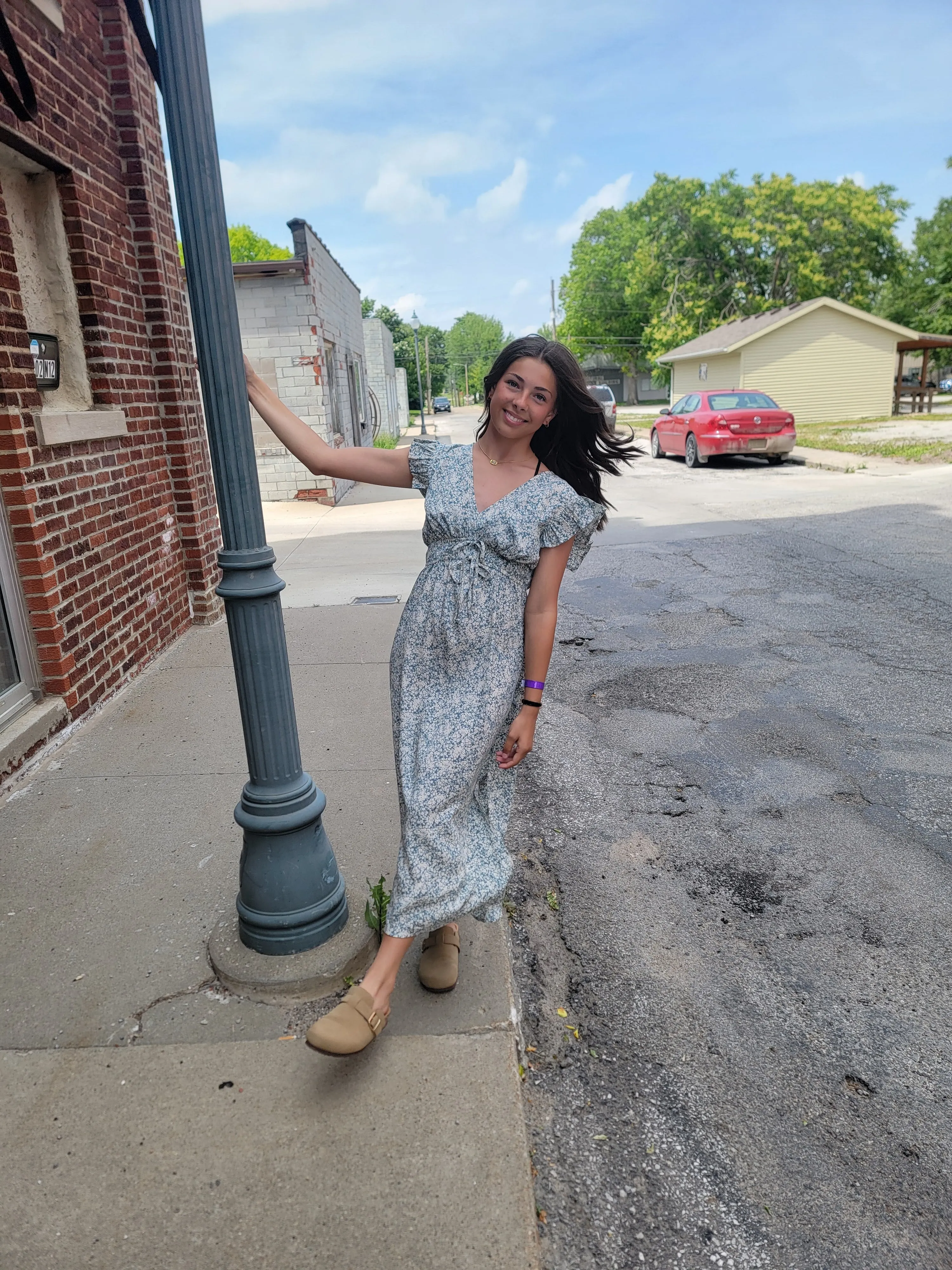 Dusty Blue Flutter Sleeve Dress