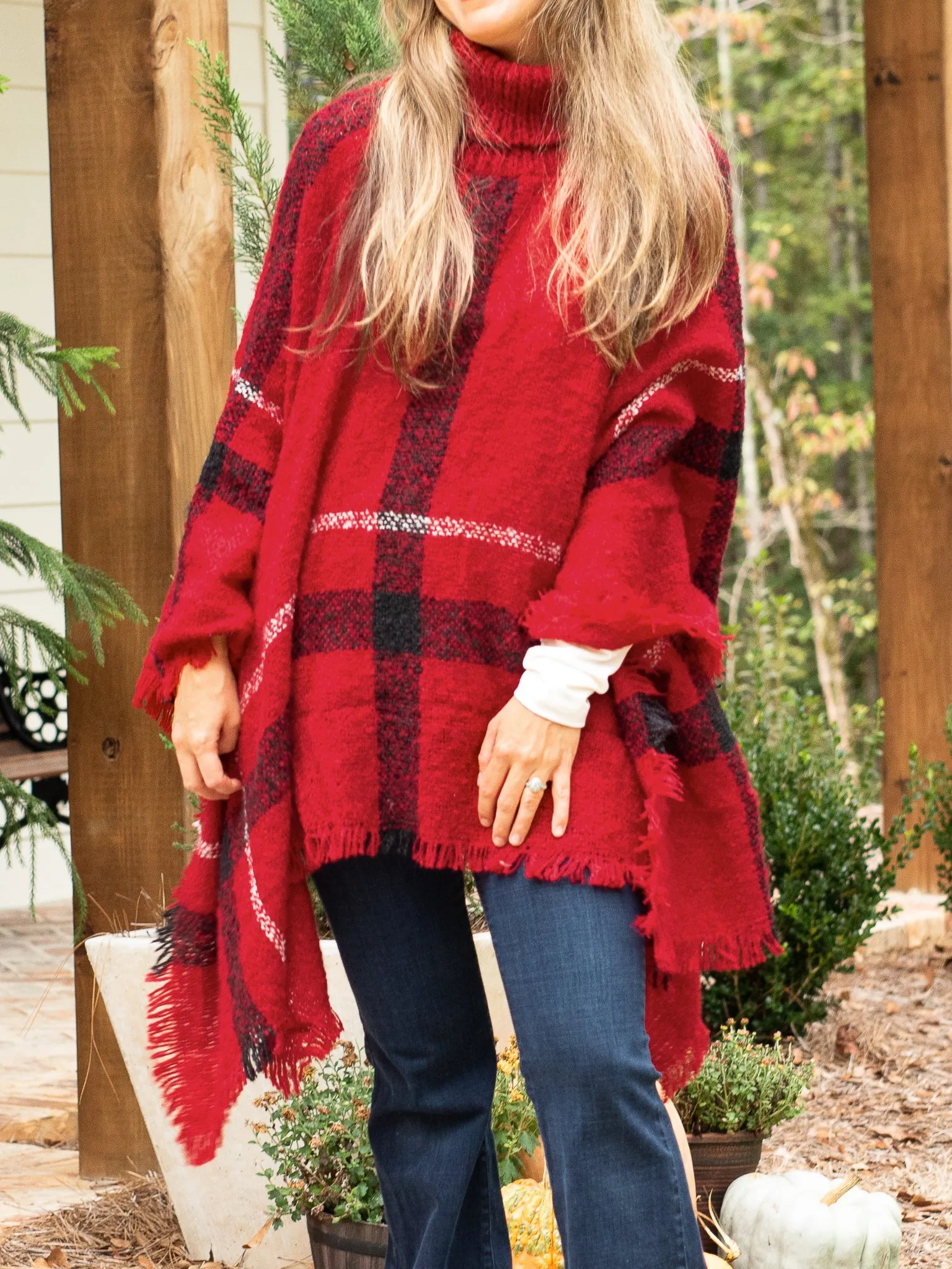 Easy On Me Plaid Turtle Neck Poncho - Red