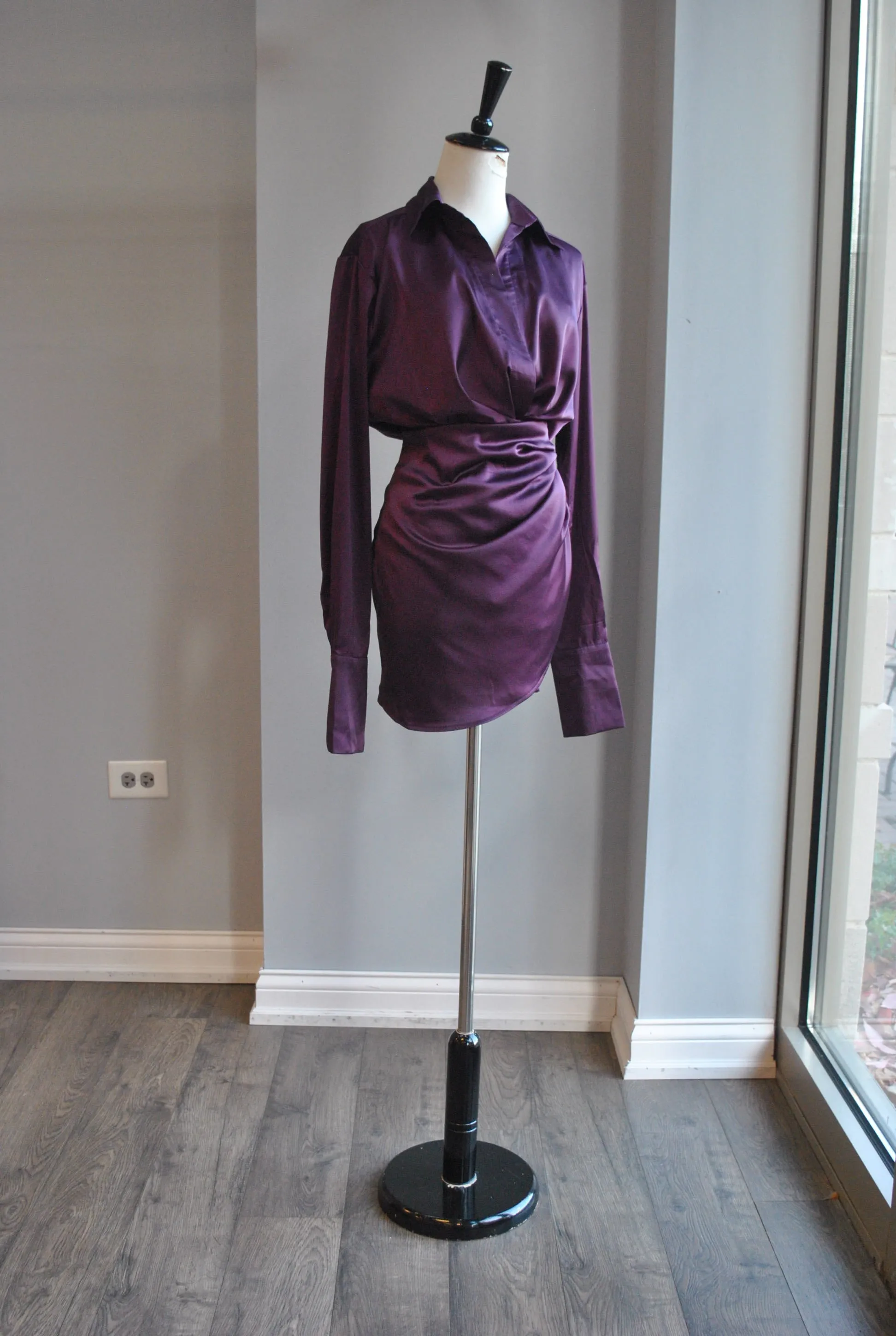 EGGPLANT SILKY MINI PARTY WRAP DRESS