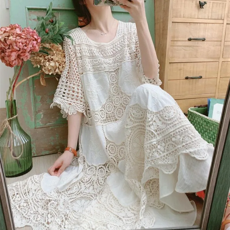 Elsie Mori Girl Sweet Elegant Crochet Lace Long Dress, Sexy Hollow Out Embroidery Midi Dress