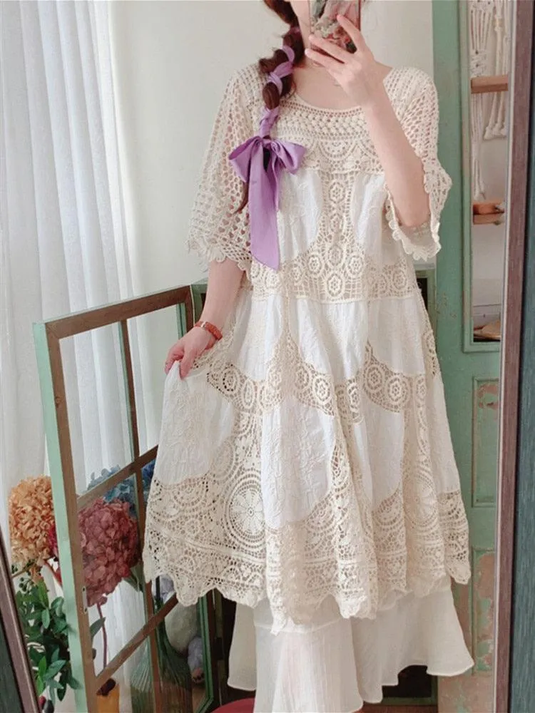 Elsie Mori Girl Sweet Elegant Crochet Lace Long Dress, Sexy Hollow Out Embroidery Midi Dress