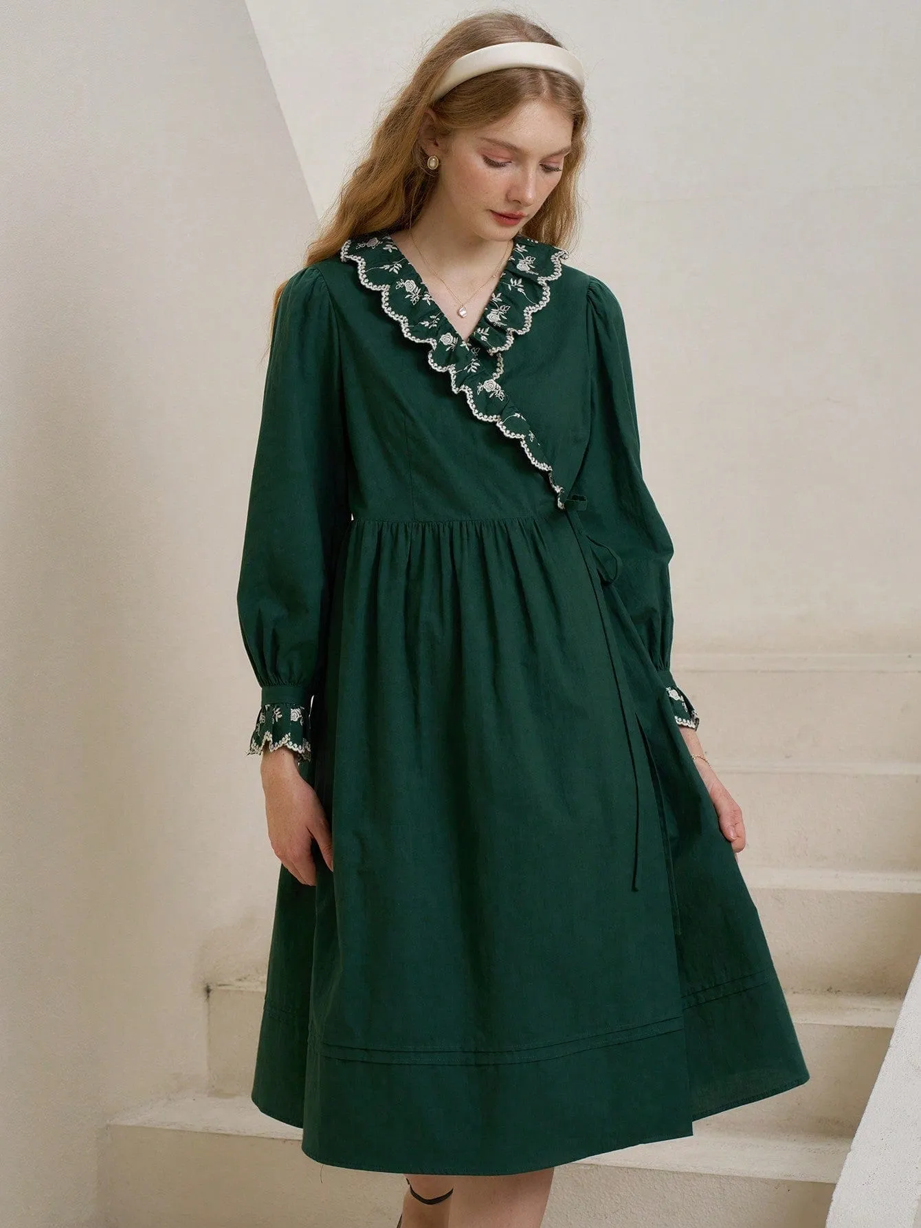 Emeraldine Green Floral Embroidery Ruffle Trim Knot Side Wrap Dress